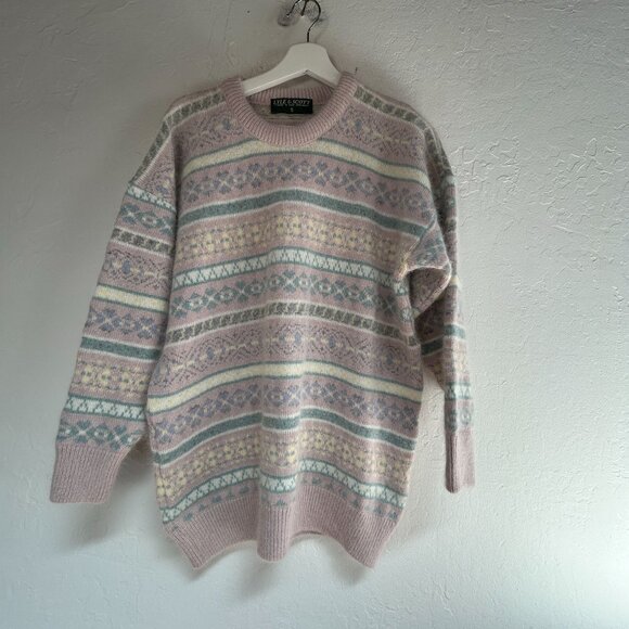 Vintage Lyle & Scott Angora Lambswool Blend Nordic Sweater Small Pink Fair Isle - Picture 1 of 8